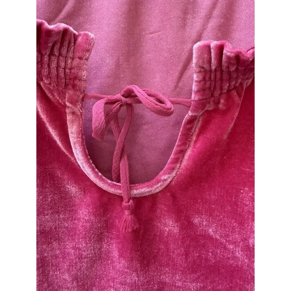 Free People Velveteen Crop Hot‎ Pink Peplum Puff Sleeve Oversized Top Blouse XS